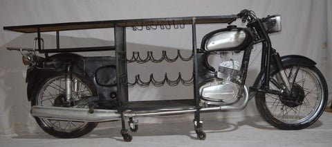 Vintage Motorcycle Bar Counter with Wine Rack – Handmade Upcycled Indian Furniture