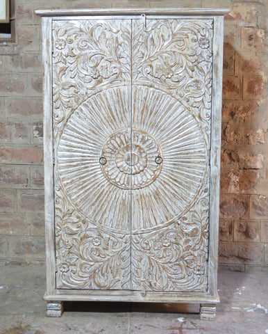 Hand-Carved Mandala Wooden Almirah – Whitewashed Solid Wood Cabinet for Rustic Interiors RD AH-26