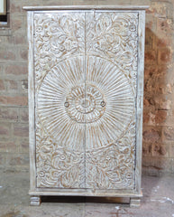Hand-Carved Mandala Wooden Almirah – Whitewashed Solid Wood Cabinet for Rustic Interiors RD AH-26