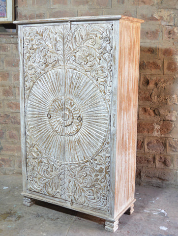 Hand-Carved Mandala Wooden Almirah – Whitewashed Solid Wood Cabinet for Rustic Interiors RD AH-26
