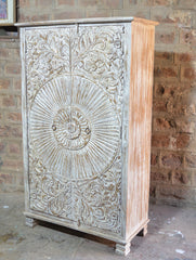 Hand-Carved Mandala Wooden Almirah – Whitewashed Solid Wood Cabinet for Rustic Interiors RD AH-26