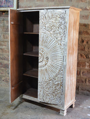 Hand-Carved Mandala Wooden Almirah – Whitewashed Solid Wood Cabinet for Rustic Interiors RD AH-26
