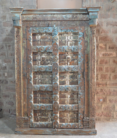 Antique Reclaimed Door Wooden Almirah – Hand-Carved Solid Wood Cabinet with Distressed Finish RD AH-261-1