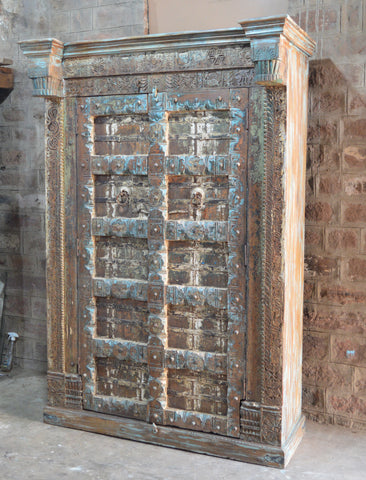 Antique Reclaimed Door Wooden Almirah – Hand-Carved Solid Wood Cabinet with Distressed Finish RD AH-261-1