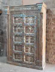 Antique Reclaimed Door Wooden Almirah – Hand-Carved Solid Wood Cabinet with Distressed Finish RD AH-261-1