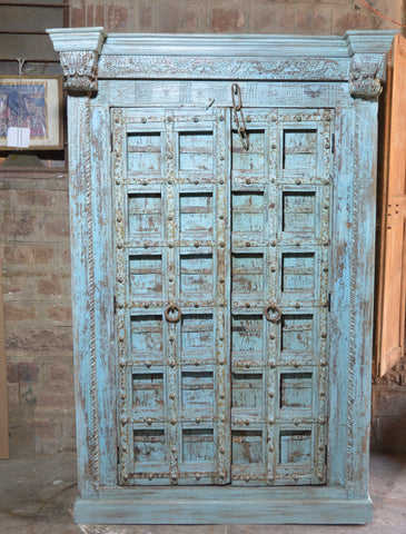 Distressed Blue Vintage Wooden Almirah – Handcrafted Solid Wood Cabinet with Antique Door Design RD AH-261