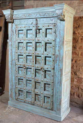 Distressed Blue Vintage Wooden Almirah – Handcrafted Solid Wood Cabinet with Antique Door Design RD AH-261