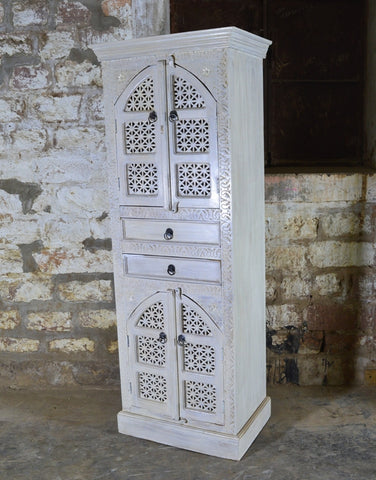 Whitewashed Handcrafted Wooden Cabinet with Carved Jali Doors – Vintage Storage Almirah RD AH- 30-1
