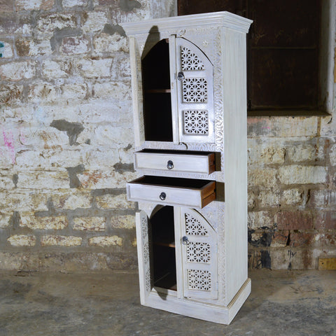Whitewashed Handcrafted Wooden Cabinet with Carved Jali Doors – Vintage Storage Almirah RD AH- 30-1