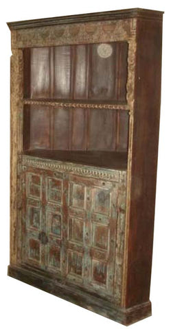 Antique Distressed Wooden Bookshelf with Storage Cabinet – Handcrafted Rustic Indian Furniture RD AH-301