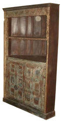Antique Distressed Wooden Bookshelf with Storage Cabinet – Handcrafted Rustic Indian Furniture RD AH-301