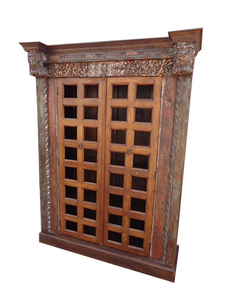 Handcrafted Solid Wood Display Cabinet with Glass Doors – Antique Rustic Carved Almirah RD AH-302