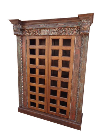 Handcrafted Solid Wood Display Cabinet with Glass Doors – Antique Rustic Carved Almirah RD AH-302