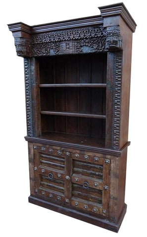 Antique Hand-Carved Wooden Bookshelf with Storage Cabinet – Rustic Solid Wood Bookcase for Home Décor RD AH-303