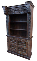 Antique Hand-Carved Wooden Bookshelf with Storage Cabinet – Rustic Solid Wood Bookcase for Home Décor RD AH-303
