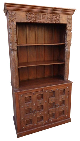 Handcrafted Solid Wood Rustic Bookshelf with Storage Cabinet – Vintage Carved Design RD AH-304-2