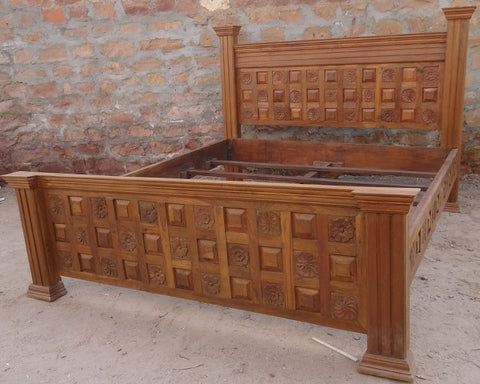 Geometric Carved Wooden Bed by Ramdev Art – Premium Indian Furniture for Classic Interiors