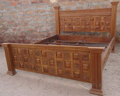 Geometric Carved Wooden Bed by Ramdev Art – Premium Indian Furniture for Classic Interiors