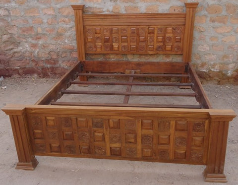 Geometric Carved Wooden Bed by Ramdev Art – Premium Indian Furniture for Classic Interiors