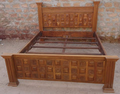 Geometric Carved Wooden Bed by Ramdev Art – Premium Indian Furniture for Classic Interiors