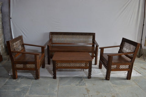Handcrafted Wooden Sofa Set by Ramdev Art – Traditional Indian Jali Furniture for Living Room
