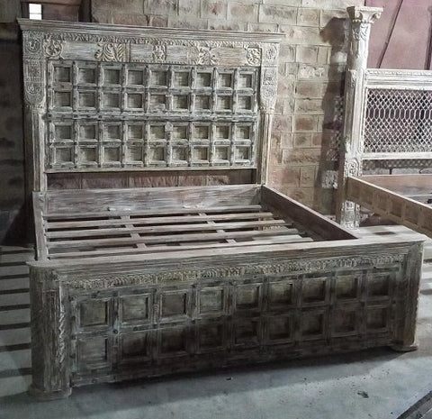 Whitewashed Carved Wooden Bed by Ramdev Art – Classic Indian Furniture with Antique Finish