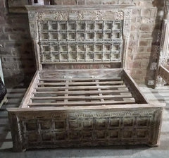 Whitewashed Carved Wooden Bed by Ramdev Art – Classic Indian Furniture with Antique Finish