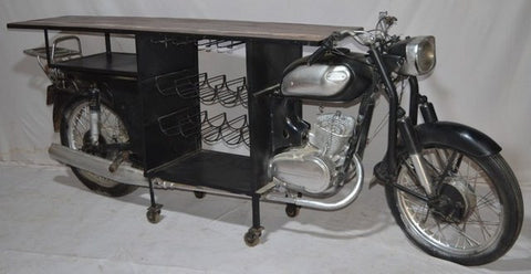 Vintage Motorcycle Bar Counter with Wine Rack – Handmade Upcycled Indian Furniture