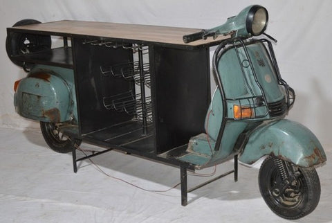 Vintage Scooter Bar Counter with Wine Storage – Upcycled Indian Industrial Furniture