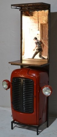 Compact Red Tractor Bar Cabinet with Mirror & Wine Rack – Upcycled Indian Furniture