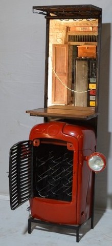 Compact Red Tractor Bar Cabinet with Mirror & Wine Rack – Upcycled Indian Furniture