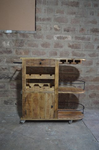 Rustic Wooden Bar Trolley with Wine Rack – Handcrafted Indian Furniture on Wheels