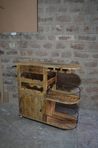 Rustic Wooden Bar Trolley with Wine Rack – Handcrafted Indian Furniture on Wheels