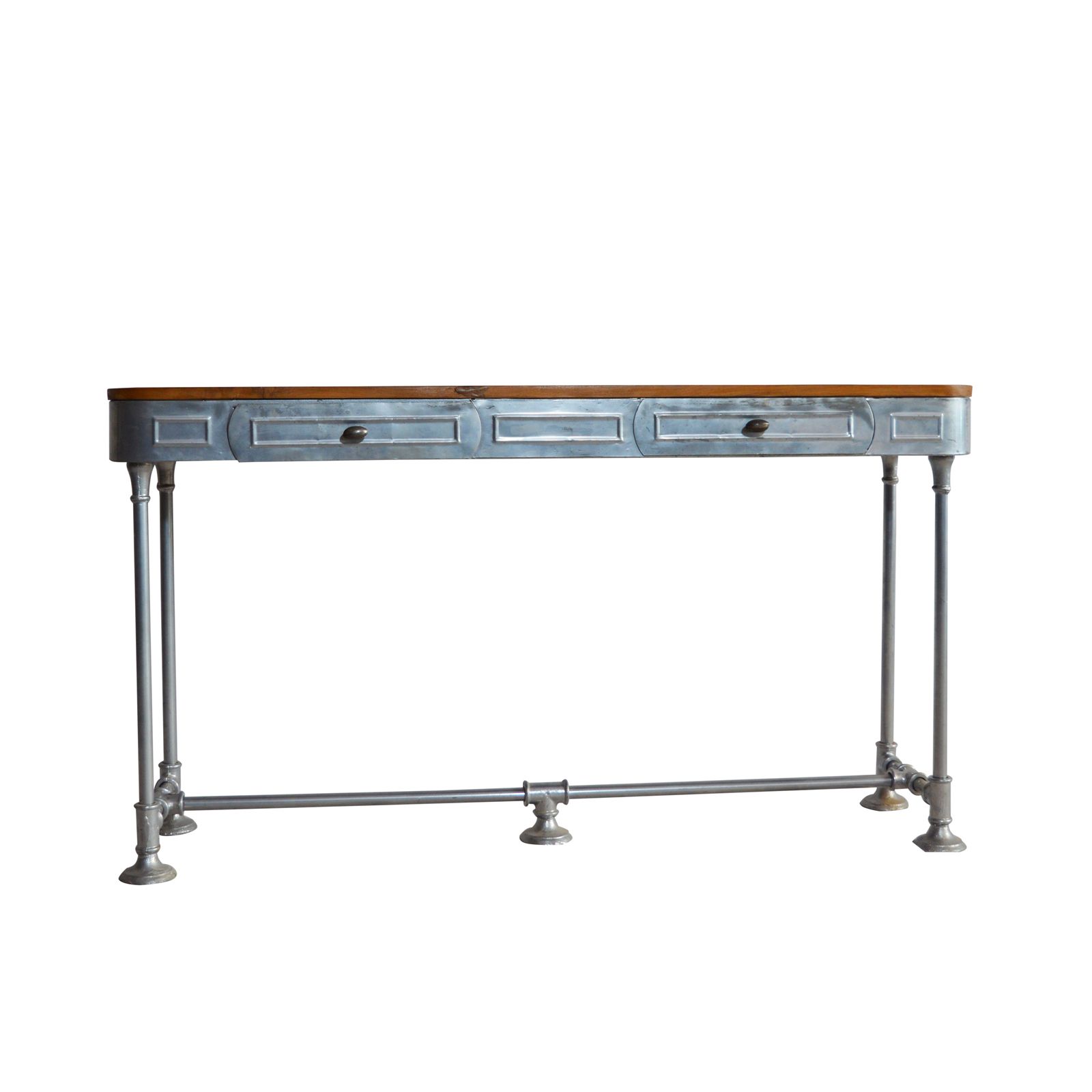 INDUSTRIAL CONSOLE TABLE TWO DRAWER TEAK TOP NATURAL FINISH